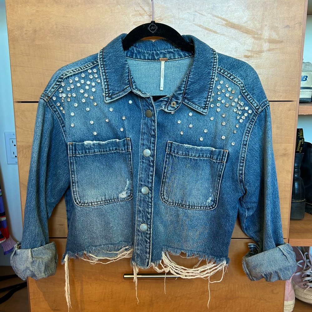 Free People Cropped Denim Jacket Studded & Distressed